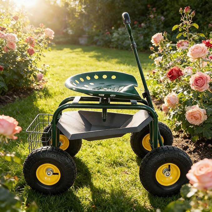 3-in-1 Garden Cart with Seat - Rolling Stool Adjustable Height Storage Tray &amp Utility Basket (Green)