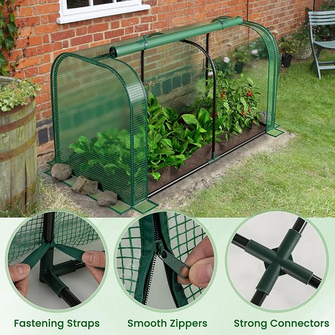 Giantex Raised Garden Bed with Cover Wood Elevated Planter Box with Legs &amp Mini Greenhouse Waterproof Sun-Protective PE Green House Cover Outdoor Use for Fruit Vegetable Flower Herb (Green+Gray