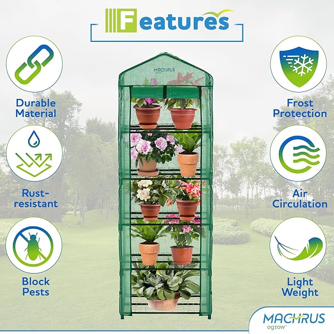 Machrus Ogrow Mini Portable Greenhouse with Cover and 5 Tier Shelves
