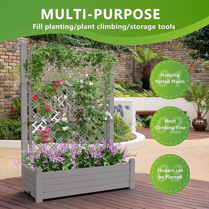 Vertical Garden Planter with Trellis for Climbing Plants Outdoor Raised Bed with Drainage &amp Water Gauge Weatherproof Resin for Patio Balcony Yard Dust-Resistant (Grey 43.43*18.27*59.29)