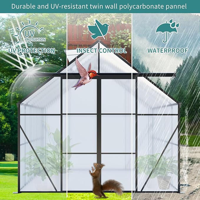 8x6 Greenhouse for Outdoor with Double Door and Adjustable Roof Walk-in Polycarbonate Gardening Green House with Raised Base and Anchor Drainage System for Backyard Lawn Black