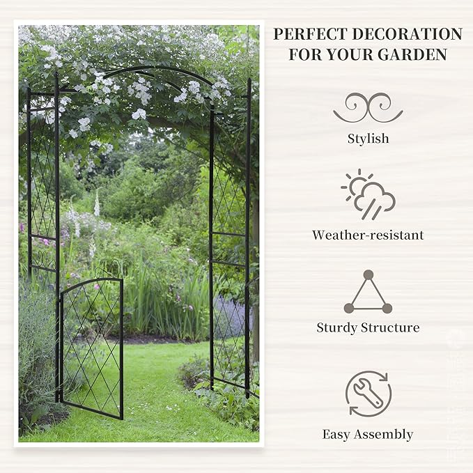 85 Garden Arch Arbor Metal Arch Trellis with Gate Garden Archway for Climbing Vines Wedding Ceremony Decoration Black