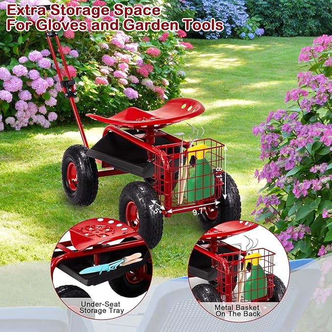 VINGLI Rolling Garden Seat with Wheels Heavy-Duty Steel Cart for Yard Work and Planting Best Gardening Tools with 360-Degree Swivel Red