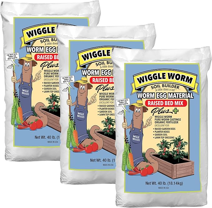 Raised Bed Mix 40lbs Pack of 3 - Organic Soil and Fertilizer for Container Gardening - Worm Egg Material Mixed with Odor Free Pure Worm Castings