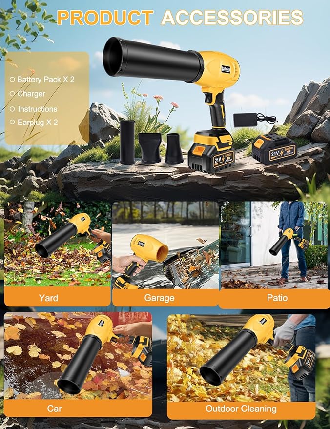 Leaf Blower Cordless Powerful Handheld Electric Blower with 2×21V Batteries Lightweight Leaf Blower for Lawn Care Patio Leaves Snow &amp Dust Removal (Yellow Leaf Blower)