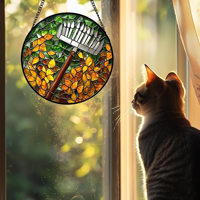 Stained Glass Window Hanging 4 Pcs Set Gardening Tools Large 11.8 - Suncatcher Door Garden Sun Catcher Decor Birthday Mother's Day for Gardener Men Woman Nana Mam Friend
