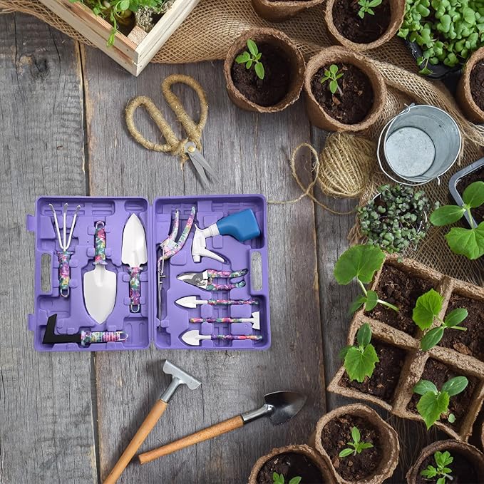 HARFINGTON 1 Set Garden Tool Set 10 Pieces Plastic Gardening Planting Tools Kit with Shovels Rake Scissor Trimmer Water Sprayer and Store Case Purple