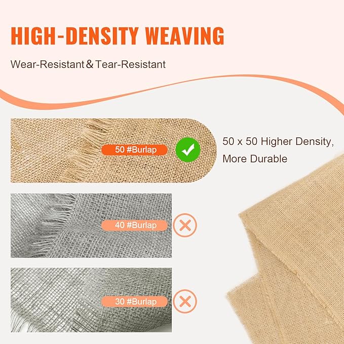VEVOR Burlap Fabric Roll 40” x 150 ft &amp 45 x 45 High Density Wide Natural Burlap Fabric Rolls Jute Fabric Burlap Tree Wrap Roll for Decor Crafts Wedding Gardening Plant &amp Tree Winter Co
