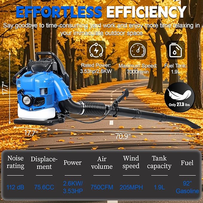4-Cycle High Power Gas Backpack Leaf Blower5HP - 75.6CC Engine 750CFM Tornado-Like Airflow Adjustable Speed Ergonomic Design for Effortless Leaves Snow and Debris Cleanup