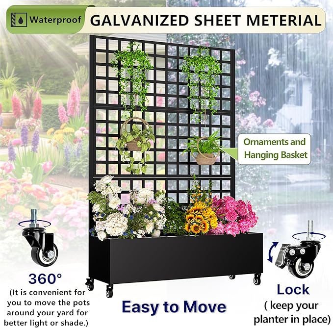 Metal Planter Box with Trellis72x47x16Galvanized Steel Outdoor Raised Garden Bed with Privacy Screenwith Drainage Holes &amp Lockable Casters for Climbing PlantsVinesand Vegetables(Grid-Black)