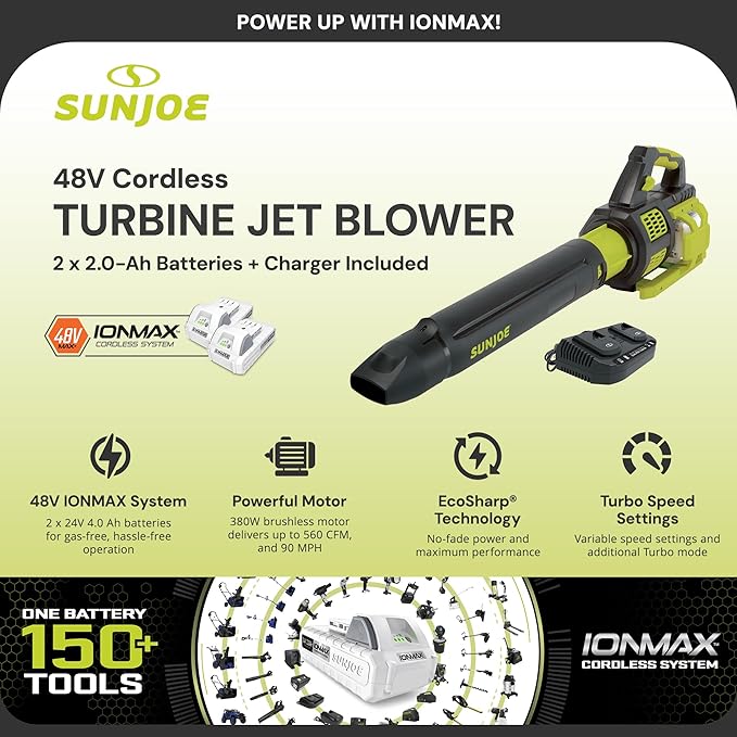 Sun Joe Cordless Brushless Turbine Jet Blower Kit with 2 Batteries &amp Charger 24V 133 MPH - Portable and Lightweight Battery-Powered Electric Equipment for Lawn Garden and Yard Care 24V-X2-JB5