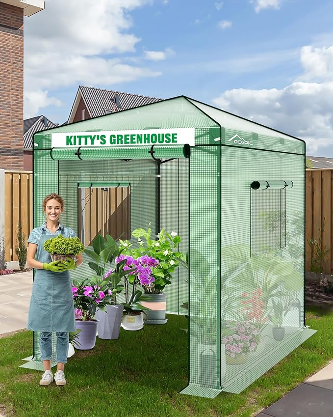 8x6 Instant Pop up Greenhouses Indoor Outdoor Portable Greenhouse Walk-in Small Green House for All Season with Roll-Up Zipper Doors and Side Windows 4 Sandbags Pe Cover Green/Clear