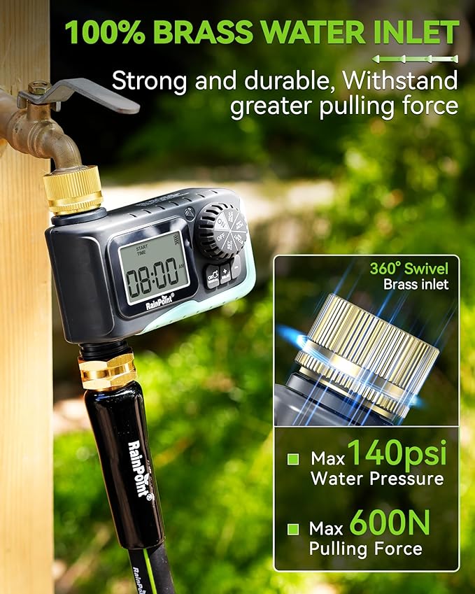 RAINPOINT Sprinkler Timer with Brass Swivel Programmable Water Timer for Garden Hose with Rain Delay/Manual Watering Digital Irrigation System Kit for Lawns 1 Outlet
