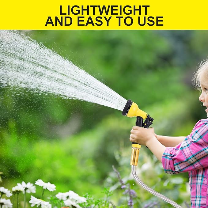 FOXEASE Metal Garden Hose 100FT - Stainless Steel Heavy Duty Water Hose with Solid Metal Nozzle &amp 8 Function Sprayer Portable &amp Lightweight Kink Free Yard Hose Outdoor Hose