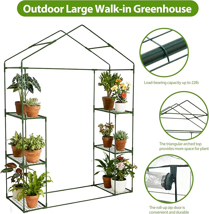Walk-in Greenhouse 27.6 x 55 x 79 Inch Outdoor Plant Green House with 3 Tiers 6 Shelves Heavy Duty Steel Frame &amp Thicken PE Cover Portable Greenhouses for Balcony Patio Deck Gardening