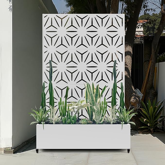Metal Planters Box with Trellis &amp Privacy Screen for Patio Large Raised Garden Beds with Drainage Holes &amp Wheels 47 L×16 W×71 H Standing Flower Beds with Trellis (White Star)