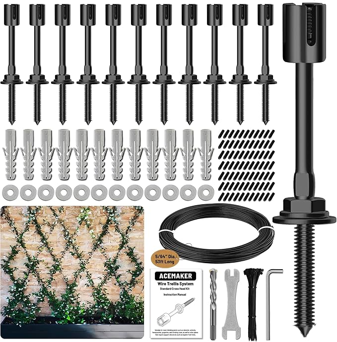 12-Set Black 5/64 (2mm) Wire Trellis for Climbing Plants Outdoor with 53ft Vinyl Coated Cable T316 Stainless Steel Wall Wire Trellis Kit