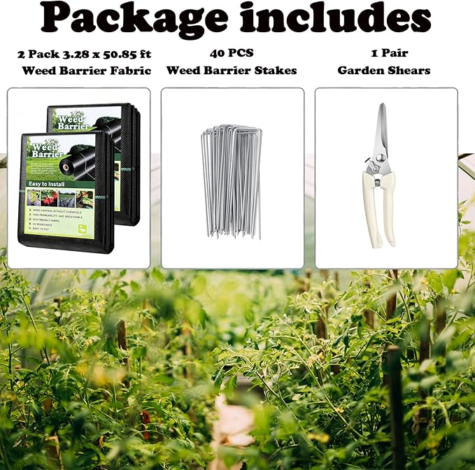 Weed Barrier Fabric Heavy Duty 3x100ft 3.2oz Non Woven Landscape Fabric with Scissors &amp 40 Ground Stakes Geotextile Ground Cover for Weed Control Garden Driveway Pathway Patio