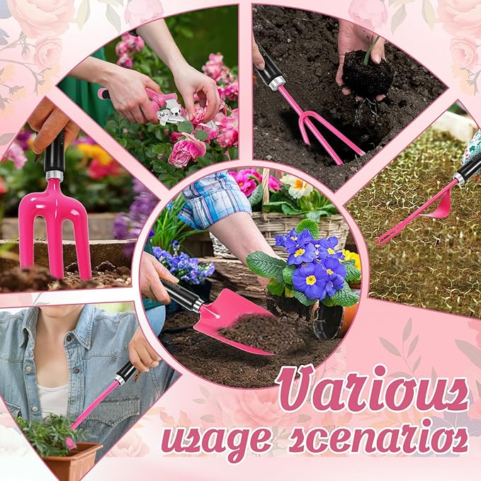 Gardening Tools 9-Piece Heavy Duty Gardening Hand Tools Set (Pink)Stainless Steels and Reinforced Garden Supplies Kit Durable Garden Tools Organizer HandbagIdeal Garden Gifts for Women