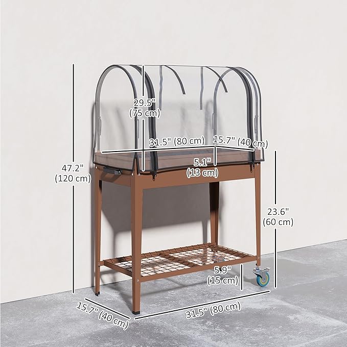 Outsunny Raised Garden Bed with Greenhouse Cover Large Metal Outdoor Elevated Planter Box with Lockable Wheels Storage Shelf and Drainage Hole for Vegetables Flowers Herbs Brown