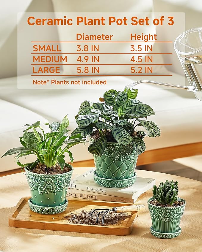 Ceramic Plant Pots 3.8+4.9+5.8 Inch Set of 3 Flower Pots with Drainage Hole &amp Saucer Embossed Planter Pots for Indoor Plants Home Decor Green