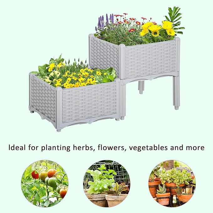 2 Pcs Raised Garden Bed with Legs Self Watering Planter Box Raised Bed to Grow Flowers Herbs Vegetables Gray