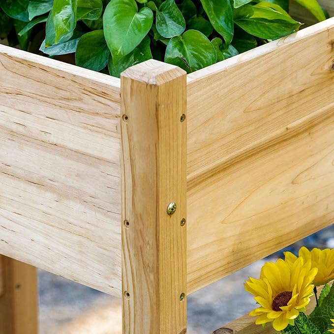 Raised Garden Bed with 3 Planter Boxes Two-Tier Elevated Wooden Plant Stand with Drainage Holes for Vegetables Herbs and Flowers Natural Wood