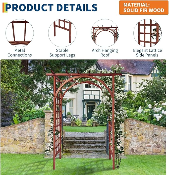 85 Wooden Garden Arbor Arch 7 ft Wood Garden Trellis with Arched and Flat Top Outdoor Walkway Arbor Stand for Plant Climbing Wedding Ceremony Decoration Pergola Patio Lawn Backyard Party
