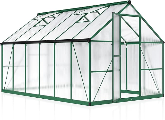 8×12 FT Walk-in Greenhouse for Outdoors Polycarbonate Greenhouse Kit with Roof Vent Large Heavy Duty Green Houses for Outside Backyard Patio Garden Green