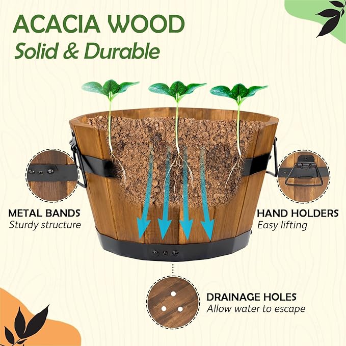 Idzo Set of 3 Wooden Flower Boxes Outdoor Durable Acacia Wood Barrel Planters for Outdoor Plants with Ergonomic Handles Drainage Holes Multiple Sizes Wood Bucket Planter Light Brown