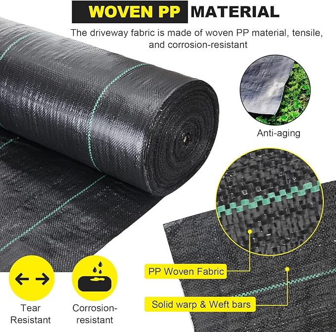 DWALE Driveway Fabric 4x300 ft Polyethylene 4OZ Woven Black Weed Barrier Fabric for Erosion Control Landscaping &amp Construction Projects