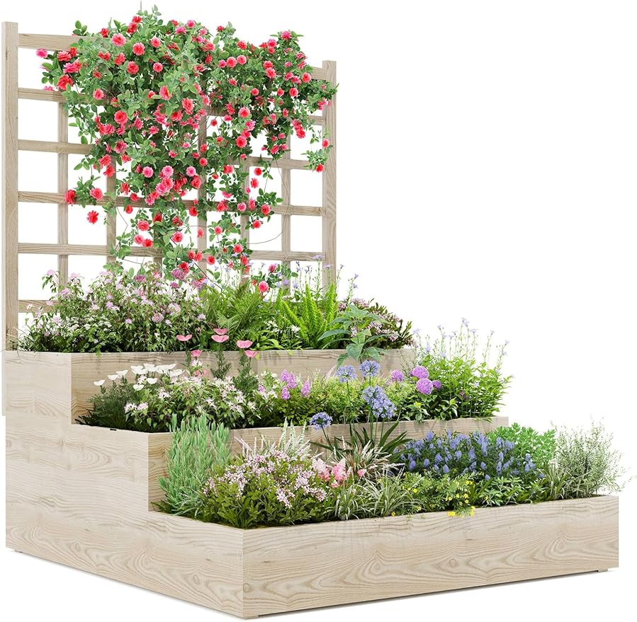 3-Tier Elevated Garden Planter Wooden Vertical Raised Bed with Trellis &amp Drainage Base – Ideal for Climbing Plants Flowers Herbs Vegetables – Outdoor Planter Box for Patio Yard or Lawn