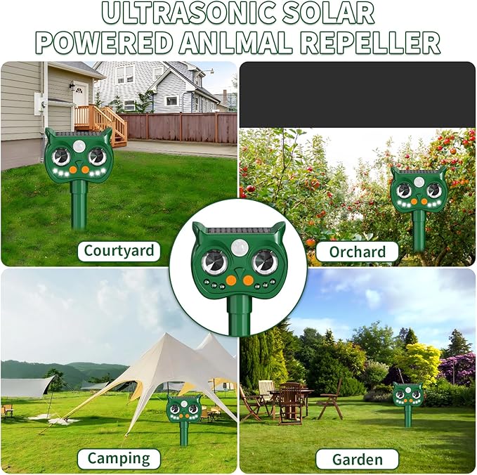 2 Pack 2026 Upgraded Solar Ultrasonic Animal Repellent Outdoor – Motion Activated Deer Squirrel Cat Raccoon Dog &amp Bird Deterrent with Multi-Frequency LED Strobe &amp Ultrasonic Sweep for Yard