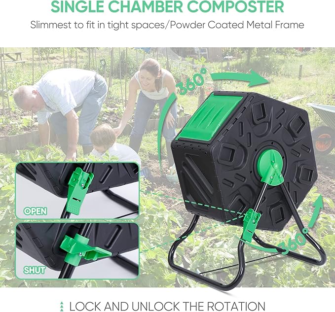 18.5 Gallon Compost Bin Tumbling Composter Heavy-Duty Compact Chamber Outdoor Compost Tumbler - Easy-Turn Fast-Working System BPA Free