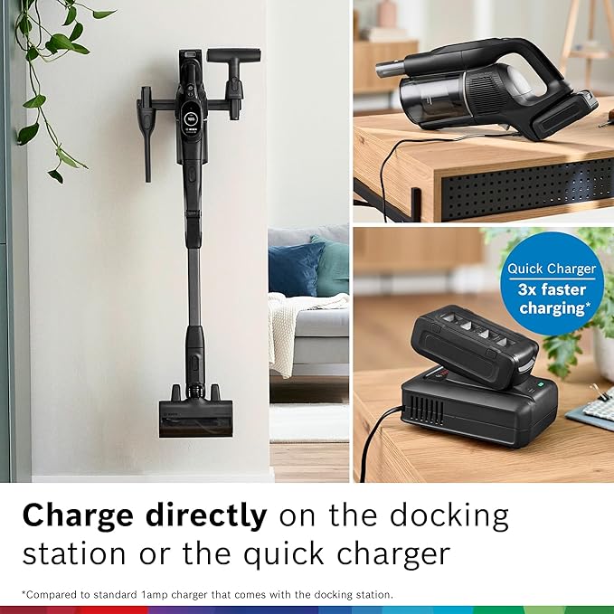 Bosch Unlimited 10 Cordless Stick Vacuum Cleaner - Up to 80 Min Battery Fast Charger Pet Hair Hard Floors and Carpets HEPA Filter MicroClean Brush Bendable Tube 6 Accessories Black
