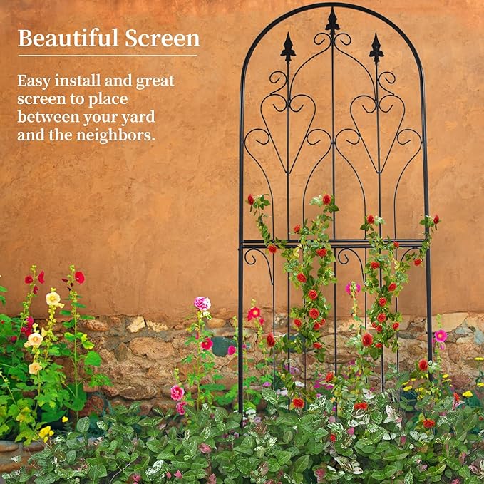 SCENDOR Metal Trellis 86.6 H x 29.5 W Tall Powder-Coated Black Garden Trellis Wrought Iron Heavy Scroll Metal Decoration Lawn Patio for Rose Clematis Ivy Weather Resistant Garden Addition