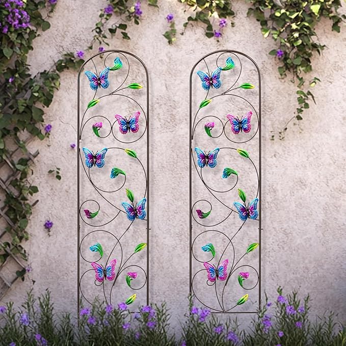 Set of 2 Metal Butterfly Garden Trellis for Climbing Plants Decorative Vegetables Flowers Vine Trellis for Outdoor Patio 60'' H x 12.5'' W Elegant Design (Butterfly)