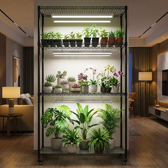 Plant Stand with Grow Lights 4-Tier Plant Shelf 6 Sets 3-Color LED Grow Light with Timer Wide Plant Rack for Indoor Gardening Seed Starting Herbs &amp Flowers 36 W x 14 D x 63 H