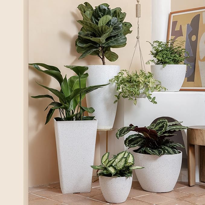 LA JOLIE MUSE 14.2/11.3/8.6 Inch PlantersIndoor/Outdoor White Planters Set of 3Plant Container with Drain HolesFlower Pots for Patio and Deck