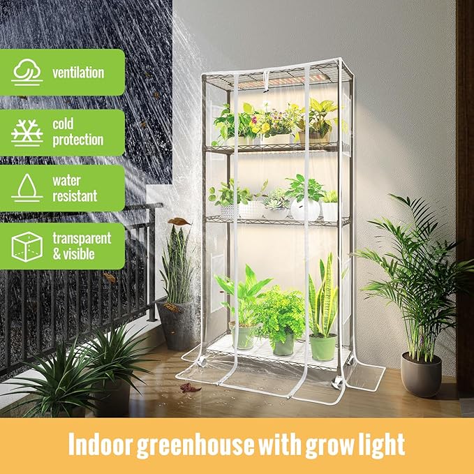 Indoor Greenhouse with Grow Light and Shelves - 4 Tier Plant Stand with Grow Light Zippered PVC Cover and 3 Dimmable 1.8FT 60W Grow Lights with Timer 30 L X 14 W X 59 H Black