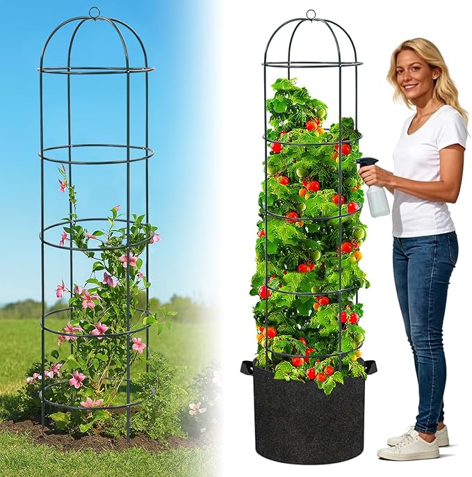 Large Trellis Garden Obelisk Trellis for Climbing Plants Outdoor 69 Metal Trellises for Tomato Cucumber Grape Clematis Rose Vine Support Heavy Duty Fit 25-Gallon Container Raised Bed Freestanding