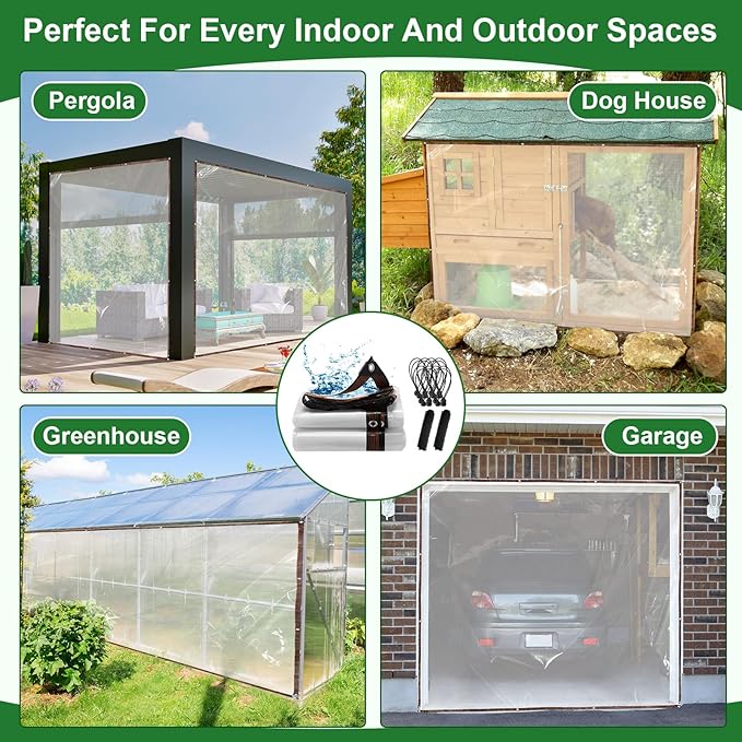 Windyun 2 Pack Heavy Duty Clear Tarps with Reinforced Edge Plastic Tarp Waterproof Plastic Cover Greenhouse Patio with Elastic Rope and Nylon Rope for Garden Furniture (10 x 12 ft)
