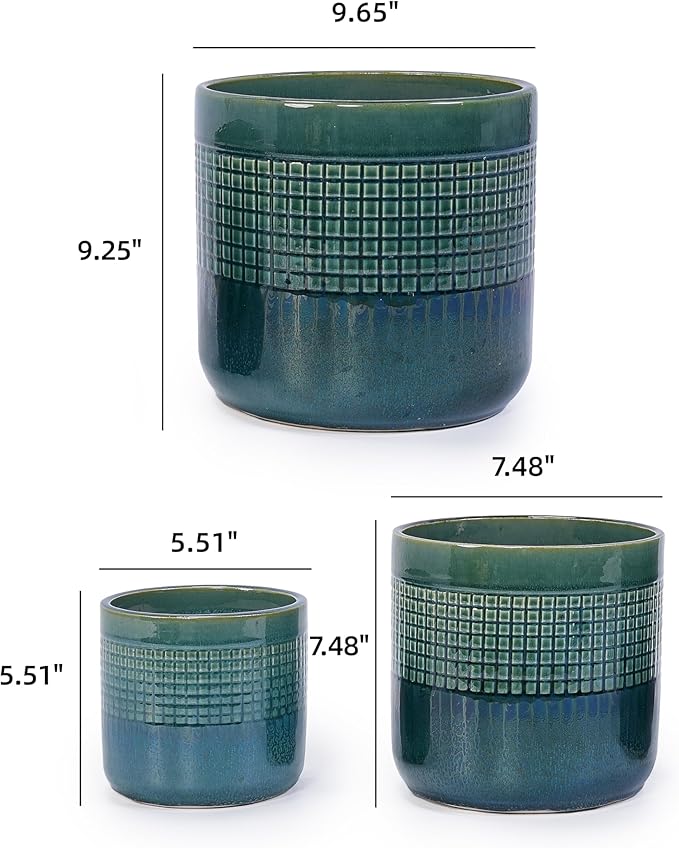 Handmade Green Glazed Ceramic Planter Set of 3 10 8 6 Diameter Square Grid Pattern for Succulents Herbs IndoorOutdoor Shelf Table Use Breathable Clay with Drainage Holes
