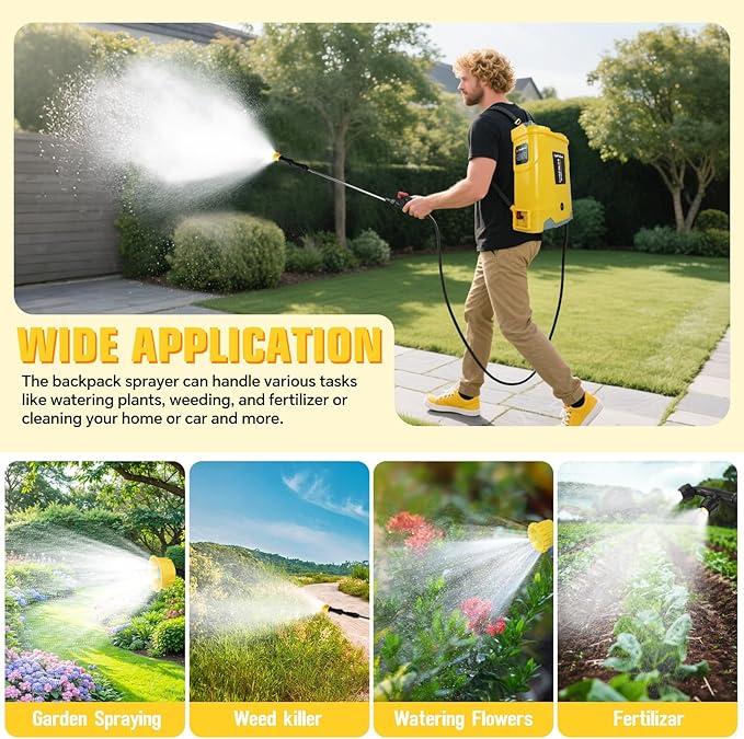 Battery Powered Backpack Sprayer 5.3 Gallon100 PSI Electric Garden Sprayer Compatible with DeWalt 20V Battery Weed Lawn Sprayer with Telescopic Wand 4 Nozzles 3.0 Ah Battery &amp Charger Included