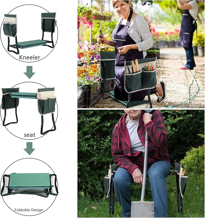 JAXPETY Garden Kneeler and Seat Foldable Gardening Stool Garden Bench with Thick EVA Pad 2 Tool Pouches Portable Kneeler for Gardening Gift for Family Green