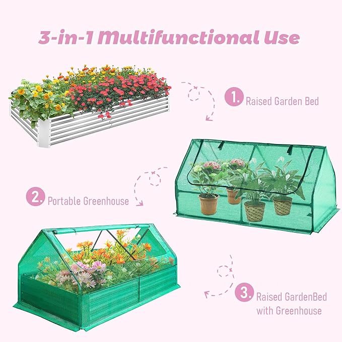 Galvanized Greenhouse 6x3x1ft Planter Bottomless BoxReinforced Frame Raised Garden Bed with Ventilation Windows Greenhouses for Outdoor Plants Vegetable Gardening (Green)