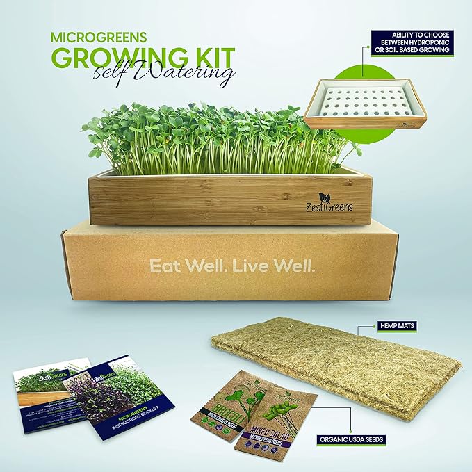 ZESTIGREENS Organic Self-Watering Microgreens Growing Kit – Reusable Indoor Grow Tray with Organic Seeds Grow Mats &amp Bamboo Frame – Easy No-Soil Microgreens Starter Kit (Broccoli &amp Salad Mix)