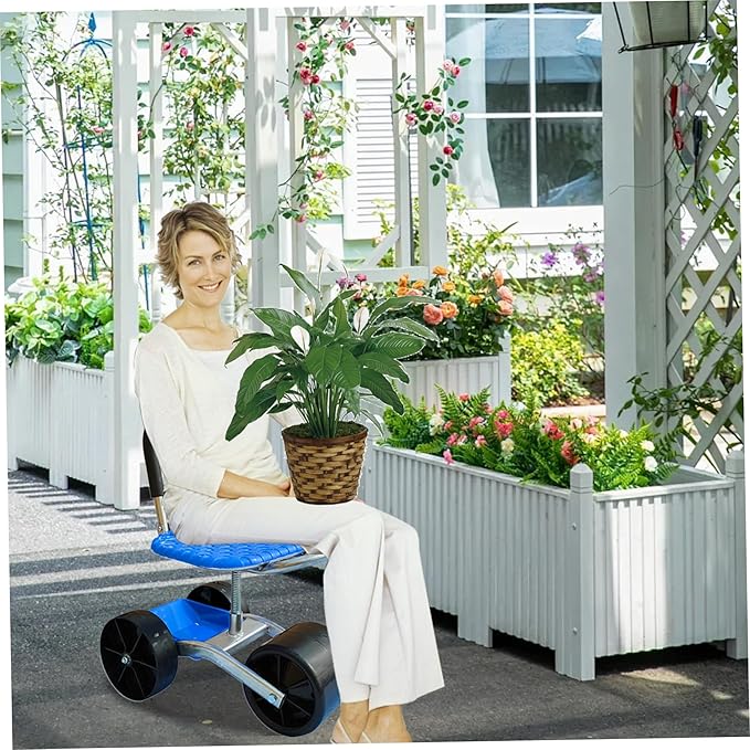 Garden Seat with Wheels 360° Swivel＆Adjustable Height Garden Stool with Wheels Heavy Duty Rolling Seat with Foldable Backrest and Storage Basket for Patio Yard Outdoor Seed Bank Seed STO