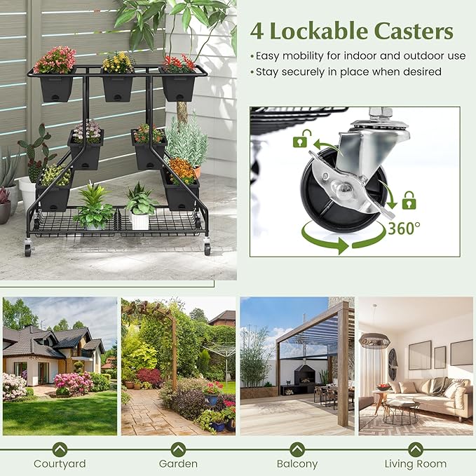 Giantex Rolling Raised Garden Bed w/ 7 Planter Boxes Storage Baskets Drainage Holes 4 Lockable Casters 3-Tier Freestanding Elevated Planter for Strawberry Vegetable Flower Herb