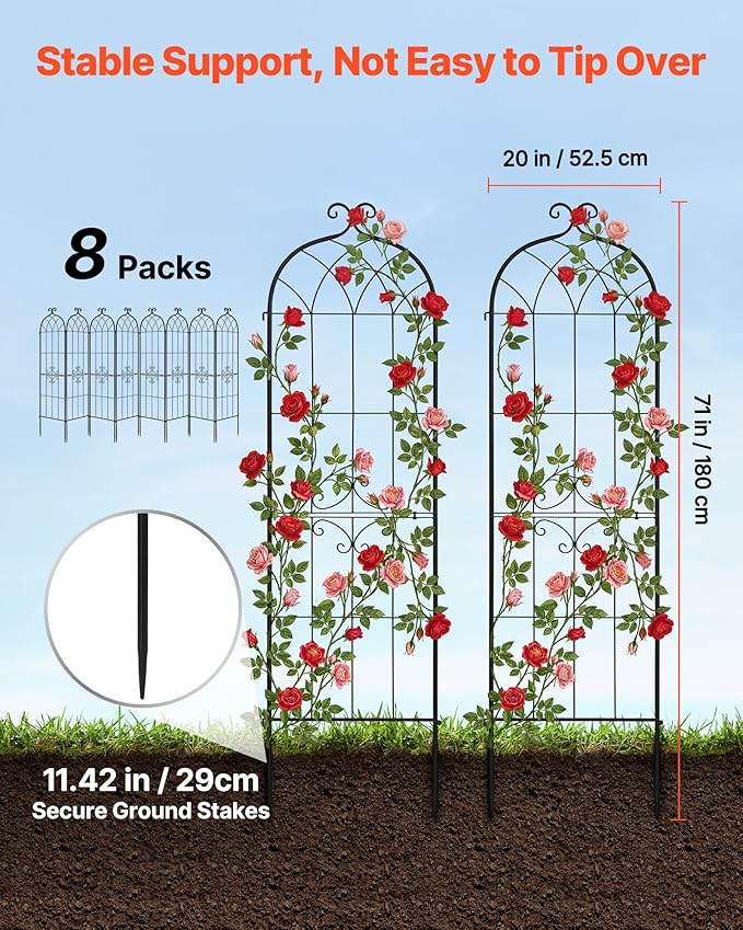 VEVOR Garden Trellis 71 x 20 inch Rose Trellis 8 Packs Garden Flower Rose Trellises with Powder-Coated Finish &amp Convenient Locking Design Plant Support Trellises for Flowers Vegetables Roses